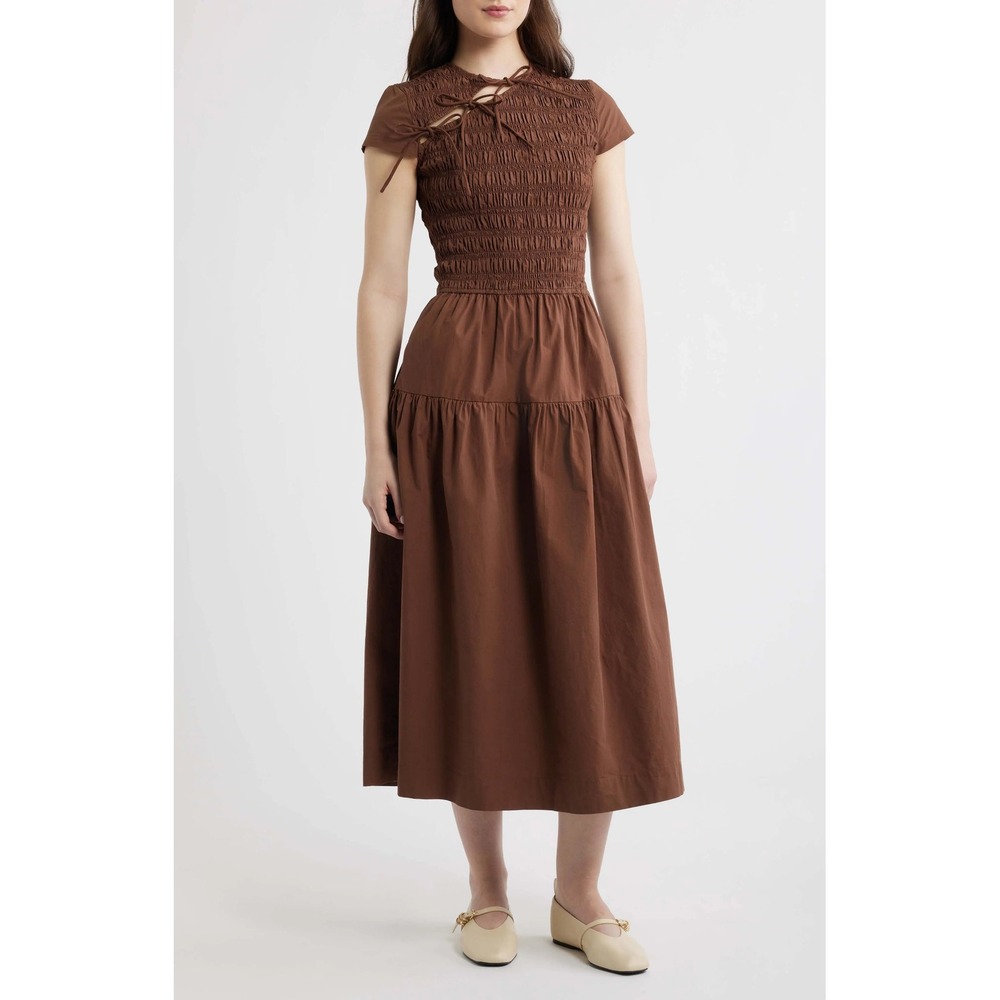 Damson Madder Ebba Choc Cotton Smocked Keyhole Midi Dress Brown Small